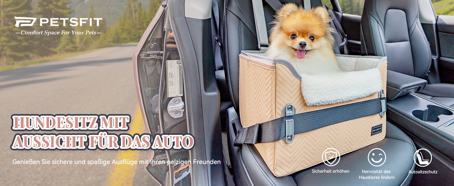 Автокрісло для собак Petsfit - стабільне та безпечне автокрісло для маленьких собак, з кріпленням для ременів безпеки, автопідстилка з плюшевим килимком, шкіра, хакі