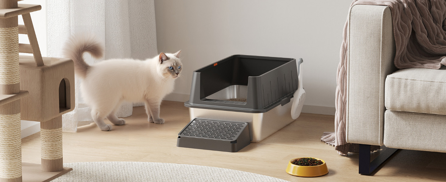 Котлочистка LifeWit 28л з нержавіючої сталі, відкрита, 60x40x30 см з совком та педаллю. Котлочистка XXL для великих котів, без кришки, для вітальні, спальні (Чорний)
