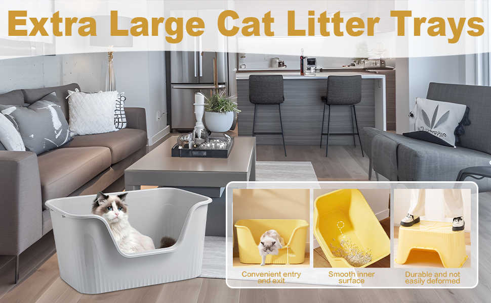 Відкритий лоток для котів Duscdesp 64x45x33 см з високим бортиком, сірий. Великий лоток для котів, без кришки, стійкий до розбризкування, підходить для великих котів та кошенят.