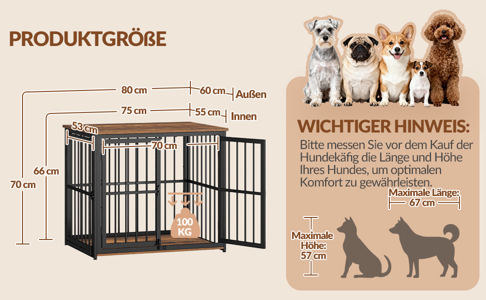 Будиночок для собак 100 см, дерев'яна собача клітка з 3 дверима, вінтажний коричневий, для середніх та великих порід, 100x60x70 см