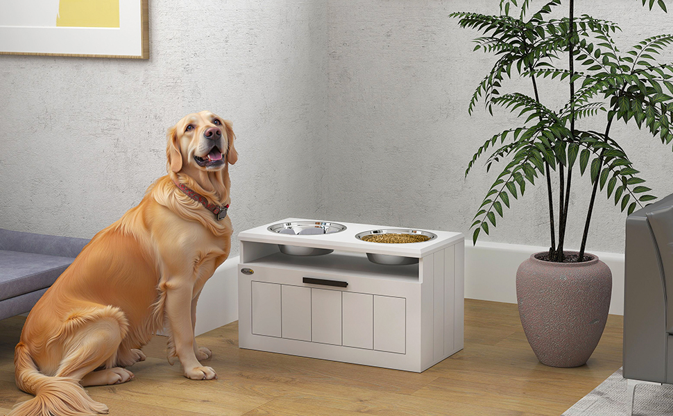 Станція для годування собак PawHut з піднятою мискою, повільною годівницею та 2 мисками з нержавіючої сталі, ящик для зберігання 25л, для великих та екстра-великих собак, білий колір