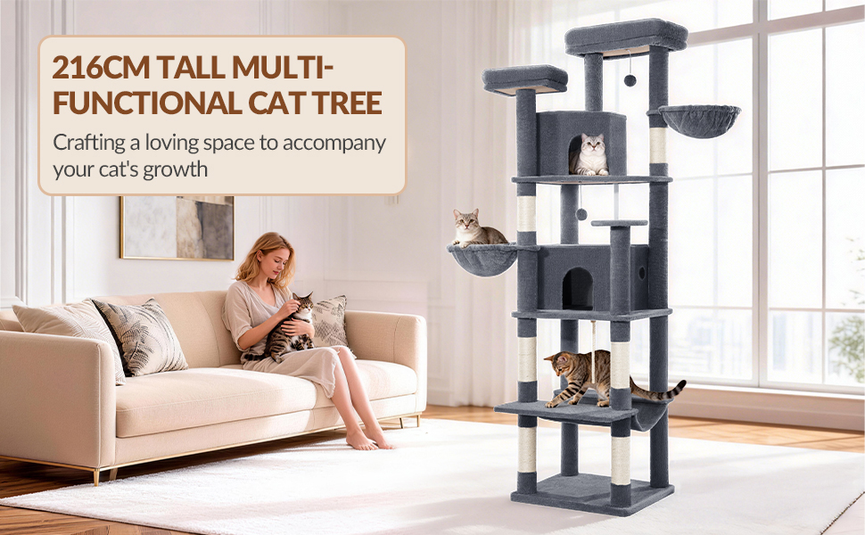 Драбина для котів Kratzbaum Groß 216 см, XXL розмір, стабільна з крізьолунами, 2 затишні будиночки, 2 платформи, 2 кошики, гамак, для дому, FPMS007FG1 (60 x 50 x 216 см, темно-сірий)