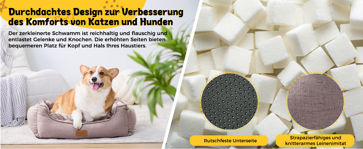 Ортопедичне ліжко для собак, маленьких та середніх порід, 52x41x16 см, м'яке та зручне, кошик для собак з високим бортиком, знімний та пральний чохол, неслизьке, для дому/автомобіля (Хакі, S)