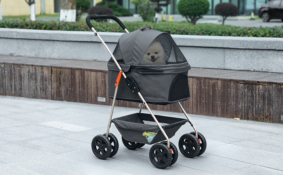 PawHut Візок для собак і котів 3-в-1, сірий, до 4 кг, складна конструкція, з подушкою, сіткою, тримачем для напоїв та кошиком для зберігання