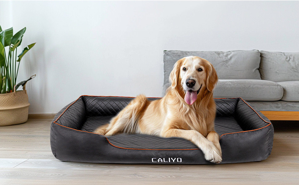 Ортопедичне ліжко для собак Caliyo, великі породи – подушка для собак з екошкіри, водонепроникна та пральна, з піною з пам'яті, диван для собак з 4 бортиками, килимок для собак 127×97×18CM, чорний L 127×B 97×H 18 cm Чорний