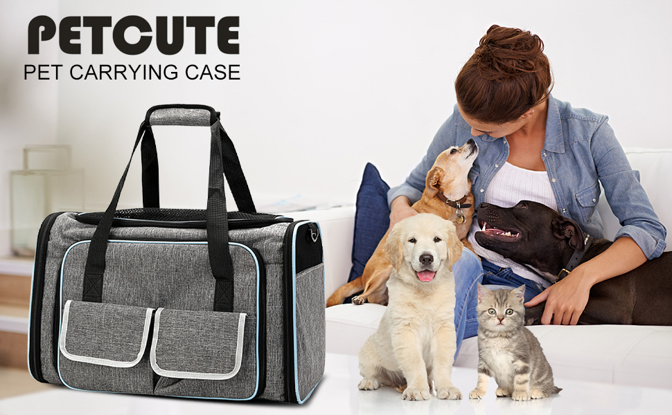PETCUTE Транспортна сумка для кота, розкладна, з м'яким флісовим ліжком, 2 сторони відкривання, дихаюча сумка-переноска для кота з бічними кишенями, схвалена авіакомпаніями, світло-сіра, M