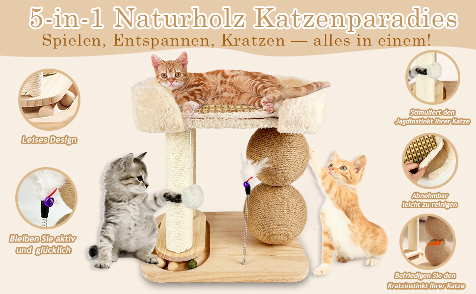 Інтерактивна іграшка для котів з дерева 6 в 1: меблі, кулі, м'яч, килимок, дряпка, кішка для середніх та маленьких котів