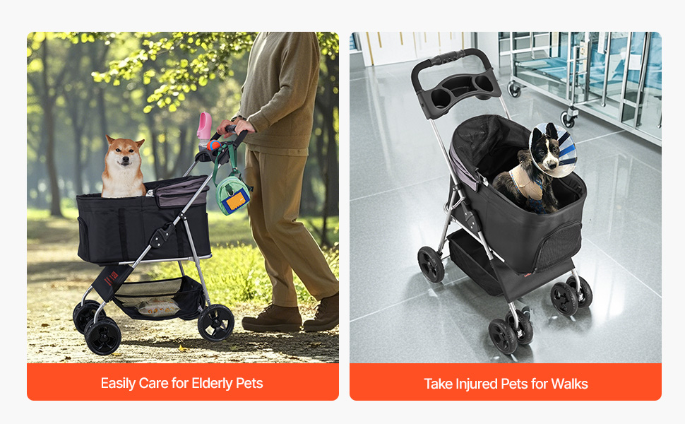 Візок для собак VEVOR 81x46x97 см, вантажопідйомність 16,9 кг, складний, знімний кошик та сітчасті вікна, гальмо, для маленьких та середніх собак