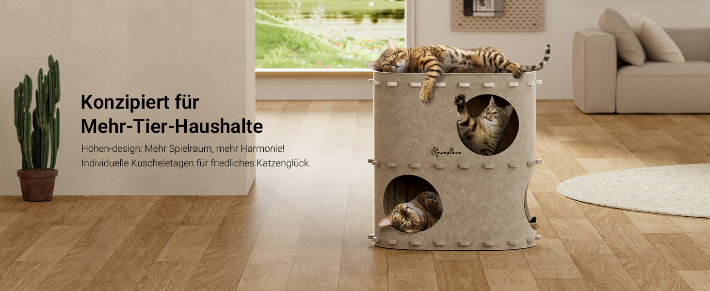 Будиночок-печеринка для котів DownyPaws з фетру, 2-ярусне ліжко для котів, 50 x 33 x 50 см, затишний дизайн, захист кігтів, бежевий