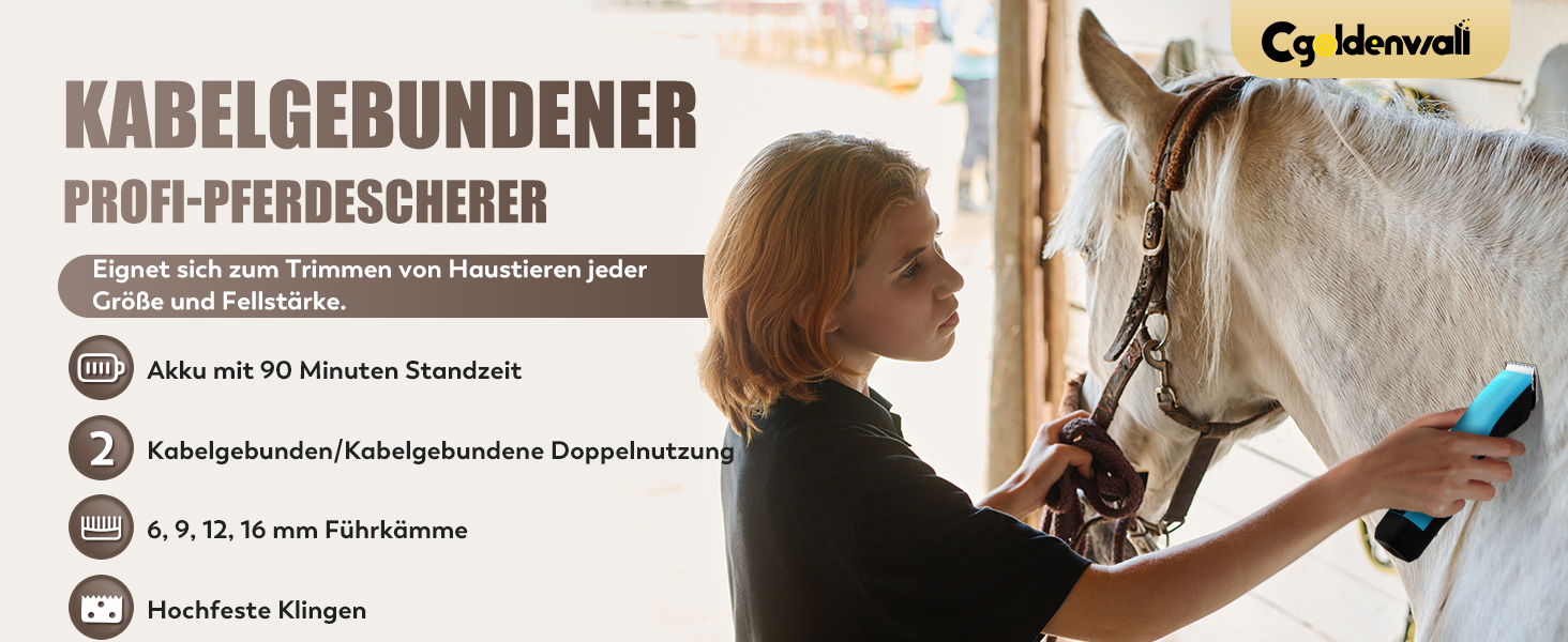Машина для стрижки тварин CGOLDENWALL CG-CP-9060-1: акумулятор 1400mAh, кабель 3.5м, 3200-4000 об/хв, 2 швидкості, для собак, коней, кіз, корів та тварин з густою шерстю