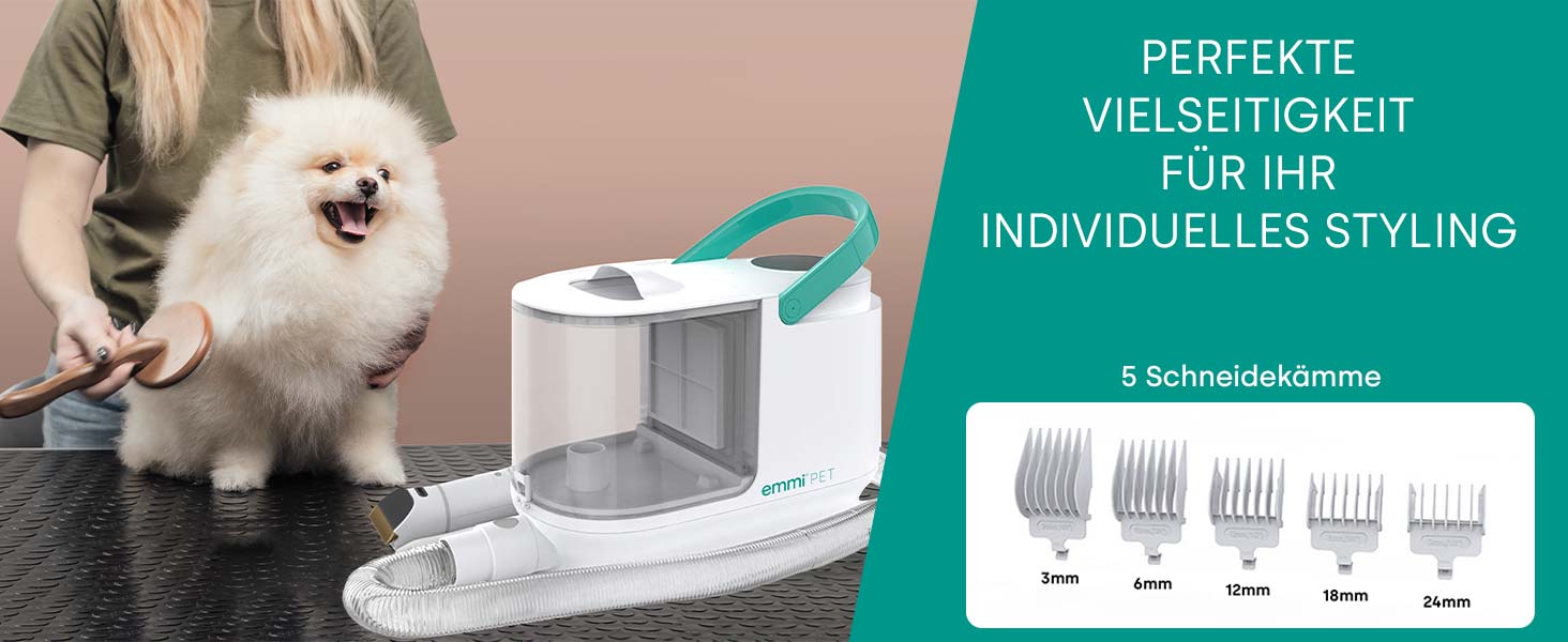 Набір для грумінгу Emmi-pet Grooming Kit Home – 6в1: машинка для стрижки собак, пилосос, тример, гребінець, 6 професійних насадок, 3 рівні всмоктування, догляд за собаками та котами, тихий мотор, контейнер 2.5л