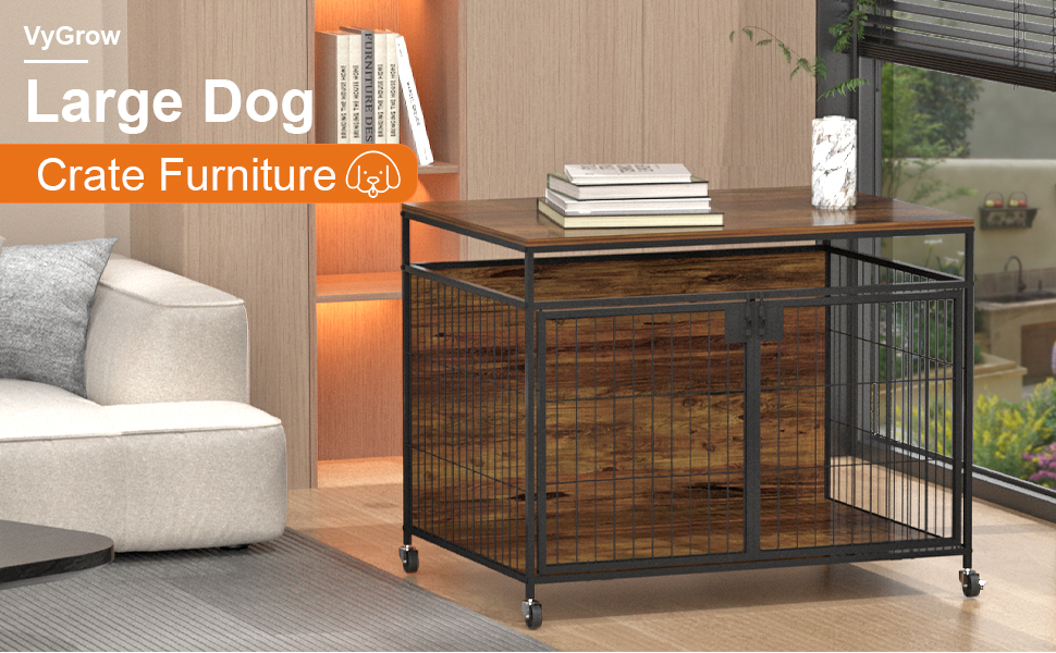 Клітка для собак великих порід VyGrow з дерева, з подвійними дверцятами, столик-підставка, поворотні колеса, 99,9 x 71,1 x 80,1 см