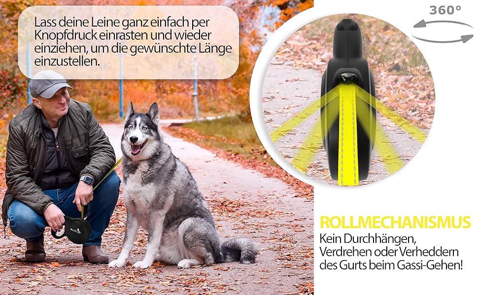 Рулетка для собак Bluzelle 8м, до 50кг, Neon-Yellow, з металевим карабіном 360°, зручний гумовий хват, стопорна система
