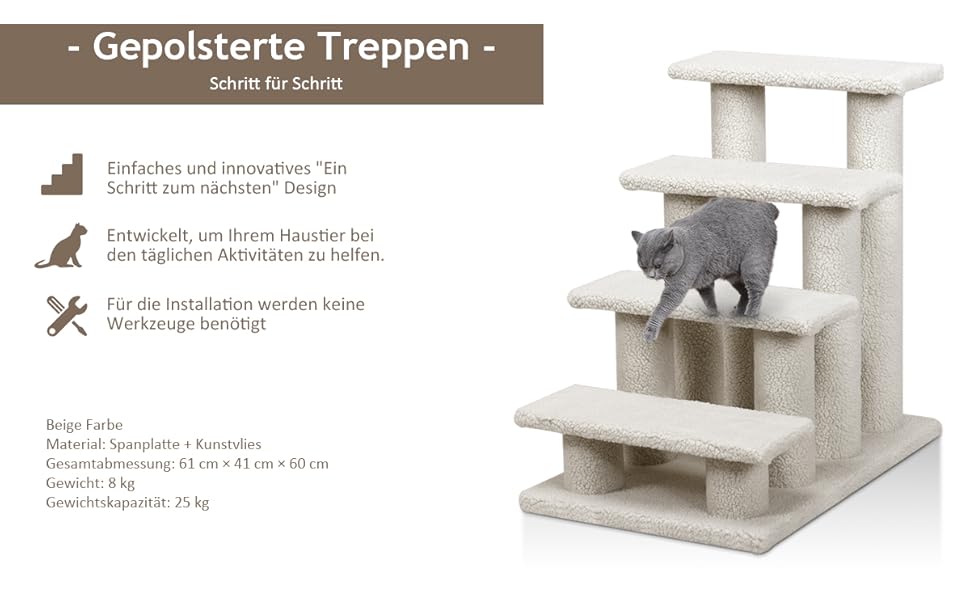 Котяча та собача драбинка COSTWAY, 4 сходинки, до 25 кг, 61x41x60 см, з ДСП і штучного флісу, бежевого кольору – сходи для тварин, ігровий комплекс