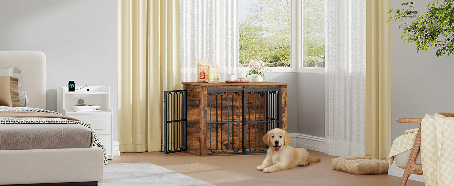 Дерев'яний вольєр для собак, 81 см, вольєр-стілець для дому, 2 двері, ковзні дверцята, для маленьких та середніх собак, міцний, 81 × 55 × 62,4 см, білий (коричневий)