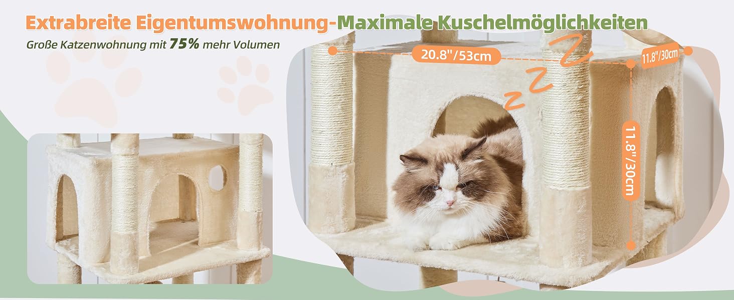 Комплекс для котів Taoqimiao 180 см XXL бежевий: будиночок, платформа, 9 стовпчиків, лежак, кошик - для великих порід (Мейн-кун)