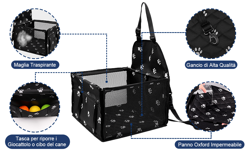 Автомобільний сидіння для собак на переднє сидіння - чорний, з ременями безпеки, водонепроникний, для малих та середніх порід