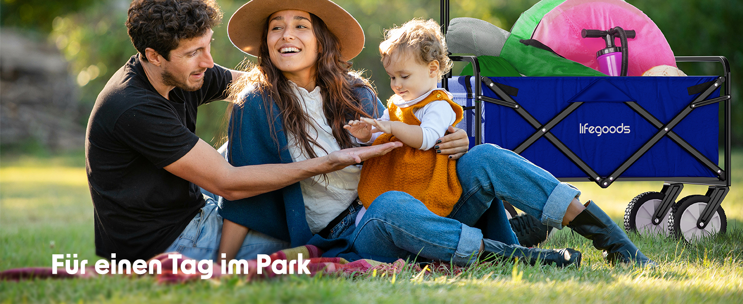 Візок-тачка LifeGoods складний, 98x45 см, блакитний – 94 л, колеса з гуми, 360°