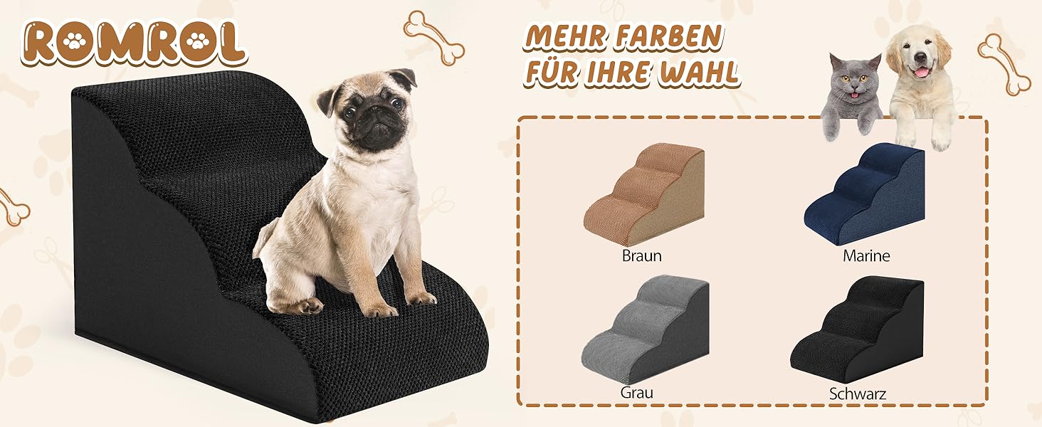 Сходинка для собак та котів ROMROL 3 сходинки - чорна, з неслизьким покриттям, з memory foam, для дому