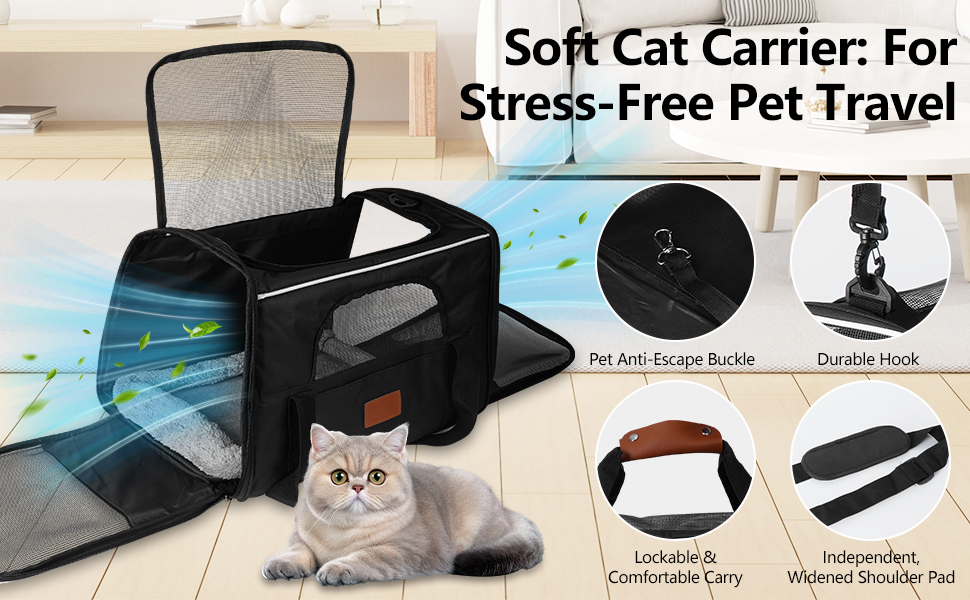 Транспортна сумка для кота, переноска для кота, складана переноска для кота в літаку, переноска для тварин з мискою та флісовим килимком, переноска для котів та маленьких собак до 10 кг (Чорна)