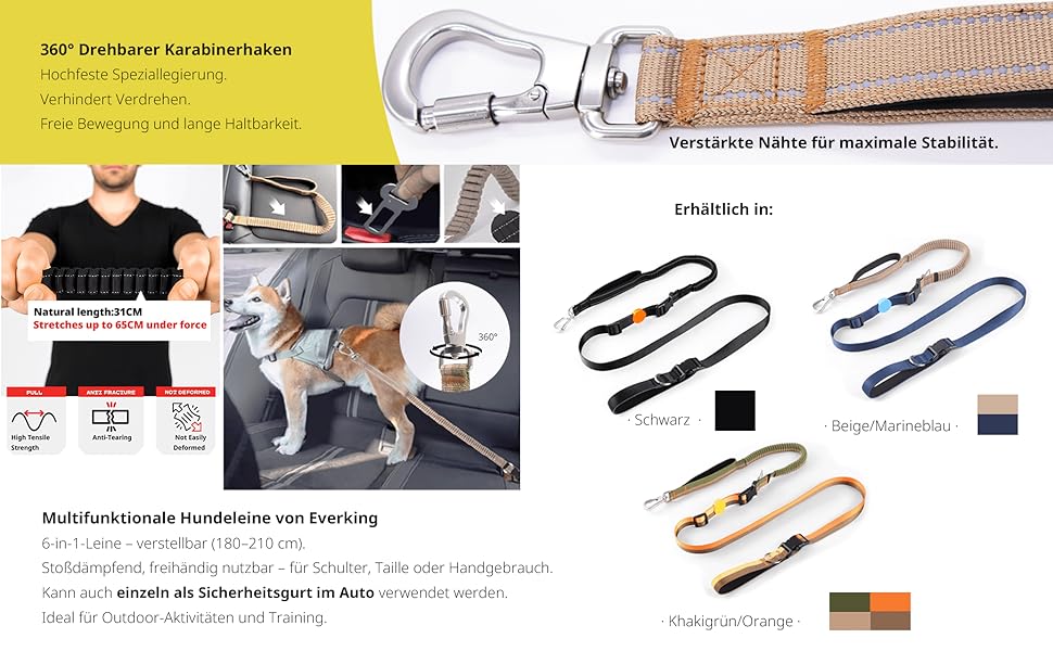 EVERKING 6-в-1 повідок для собак з живітним ременем – повідь для бігу та прогулянок, з двома ручками, антишокова пружина, кріплення для авто, альтернатива шлейці (Блакитний, Сірий, Блакитний, Хакі)