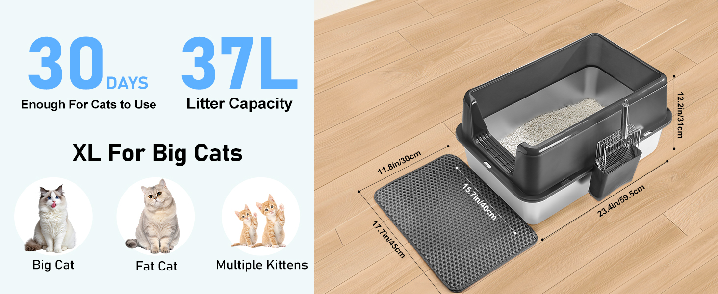 Торгова лоток для котів Marchul Katzentoilette XL з нержавіючої сталі, великий розмір, з кришкою, для великих котів, з антибактеріальним покриттям, з килимком та совком, не липкий