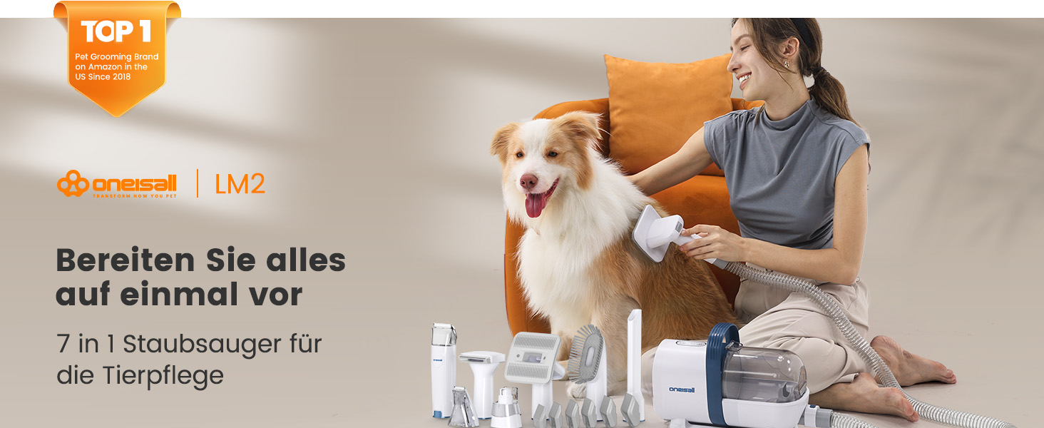 Машинка для стрижки собак Oneisall з пилососом, потужний всмоктування 12000 Па, видаляє 99.99% шерсті тварин, тиха, для собак та котів, 7 насадок, блакитна