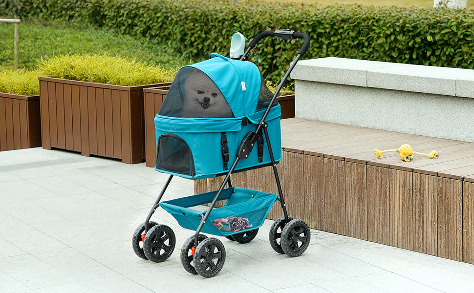 PawHut Візок для собак та котів 3-в-1, складаний, до 4 кг, з подушкою, сіткою, тримачем для напоїв, кошиком (Турквіс)