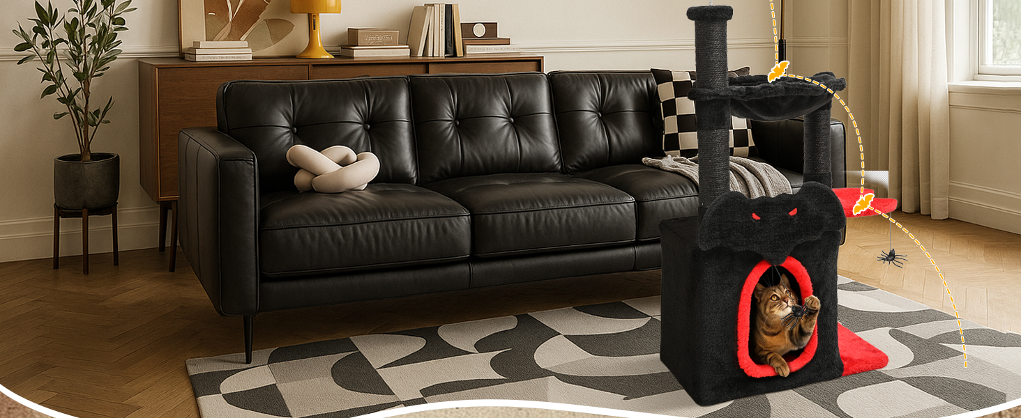 BYBYME Готичний кігтеточка для Хелловіну, 84.5 см, стійкий комплекс для котів з ліжком, будиночком, гамаком, кігтеточками з сизалю, багатофункціональна котяча іграшка (Чорний/Червоний), підлоговий, 96.5 см