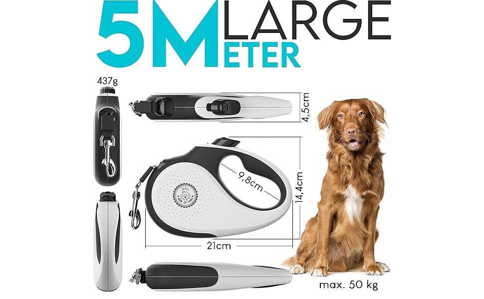 Витяжна повідка для собак HUND IST KÖNIG 8м для малих та великих собак | Міцна витяжна повідка до 50кг | Зручна ручка, преміум-якість | Білий/Чорний