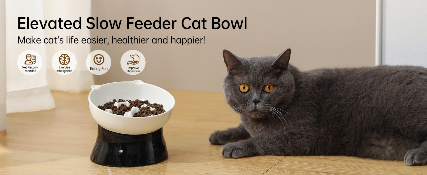 Антислизька годівниця для котів з кераміки, піднята - годівниця-лабіринт для повільного годування, нахилена проти блювоти, чорно-біла