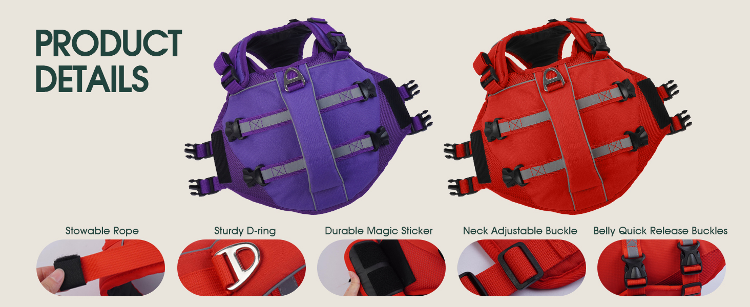 Жилет рятувальний для собак великих порід Kuoser, червоний XL. Рятувальний жилет з ручкою та світловідбиваючими елементами, регульований, покращений плавучість