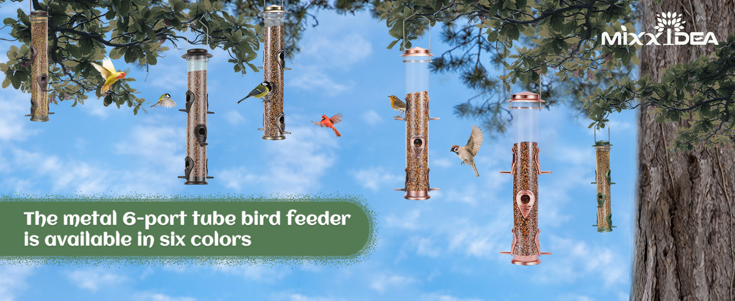 Годівниця для птахів Mixxidea з металевої труби для вулиці, 6 портів, підвісна годівниця для диких птахів