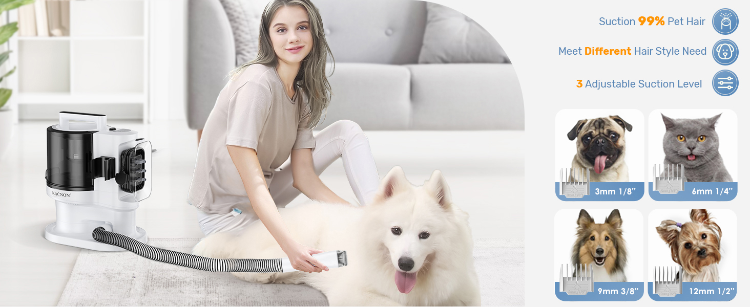 Набір для догляду за тваринами KACNON: шерстьосав'ювач та пилосос 3.3L, 13kPa. Безшумна машинка для стрижки собак та котів. Електрична щітка для тварин. Білий колір