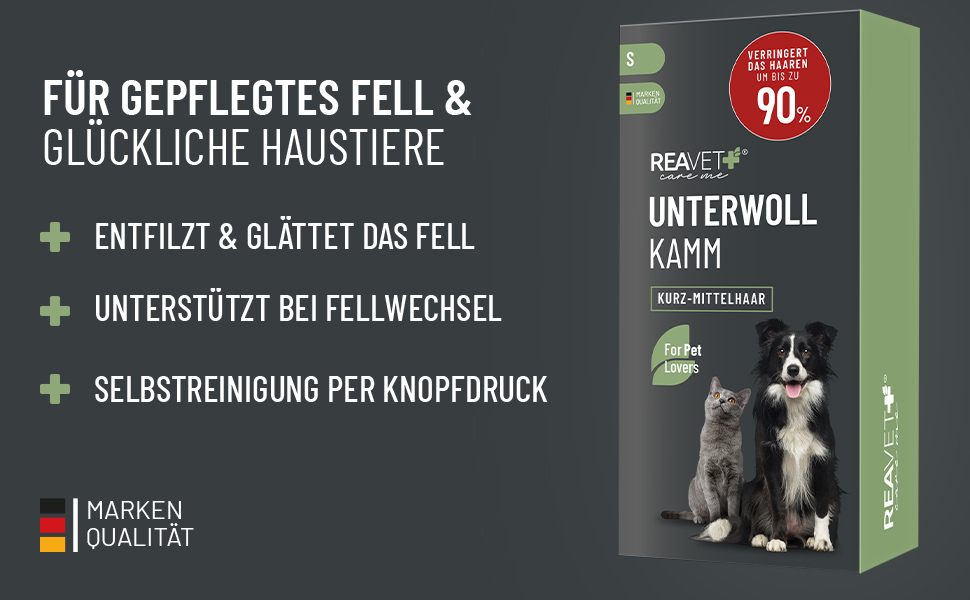 Гребінець для видалення підшерстя ReaVET для собак та котів з коротким хутром | Середні породи | З кнопкою самоочищення | Ідеально для сезонного линяння