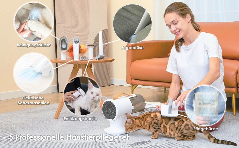 Електронська машинка для стрижки собак AstroPet з пилососом, тиха машинка для грумінгу з 5 насадками для собак та котів, контейнер для пилу 2 л