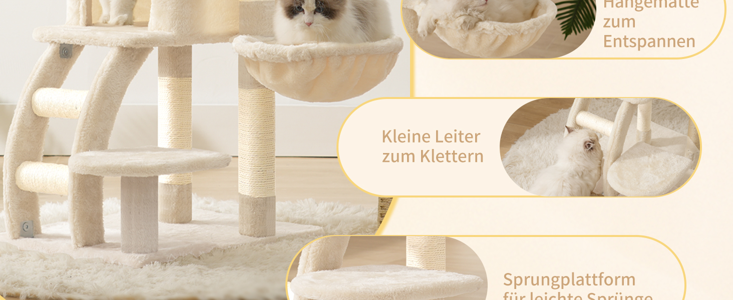 Кігтеточка для котів Heybly Kratzbaum 75 см з платформою, печерою, гамаком, драбиною та іграшками, бежева HCT009SM