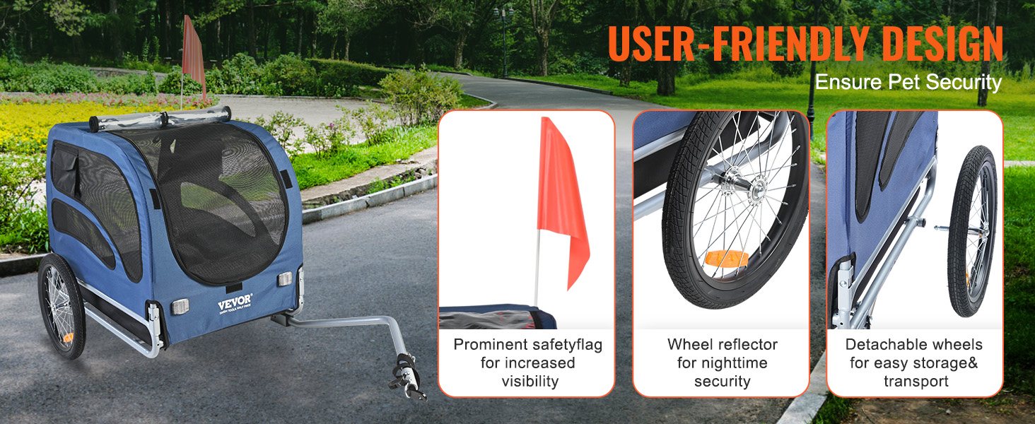 Фаркоп для собак VEVOR 30 кг 2в1: велосипедний причіп, візок для дітей, бугі для собак, джогер. Матеріал: вуглецева сталь, Oxford 600D, PP. Розміри: 1440 x 720 x 779 мм (причіп), 1400 x 720 x 830 мм (візок).