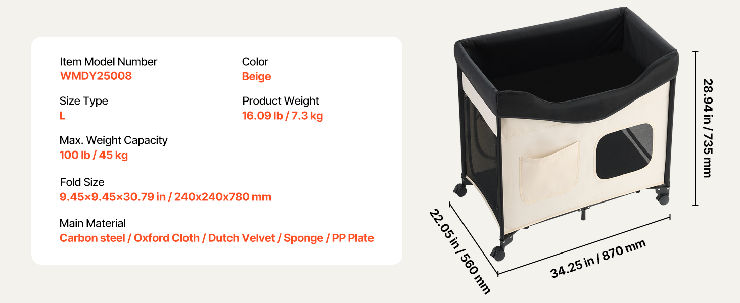 Підвищене ліжко для домашніх тварин VEVOR (L), складане ліжко для собак з оксфордської тканини 600D та голландського бархату, портативне дитяче ліжко з колесами та боковими кишенями, у комплекті сумка, Бежевий