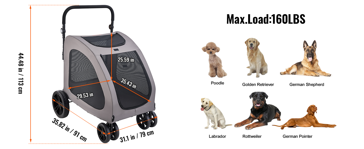 Візок для собак VEVOR, 79x91x113 см, 4 колеса з гальмами, до 73 кг, дихаючі вікна, регульована висота, 600D Oxford