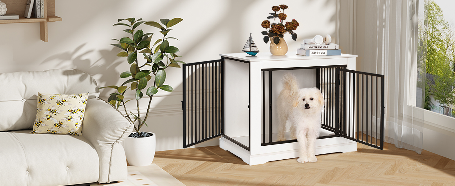 BEWISHOME Клітка для собак, 81 см, дерев'яна, з 3 дверцятами, біла, для дому, Beistelltisch (табличка), 81x55x67.5 см, EMGL03W
