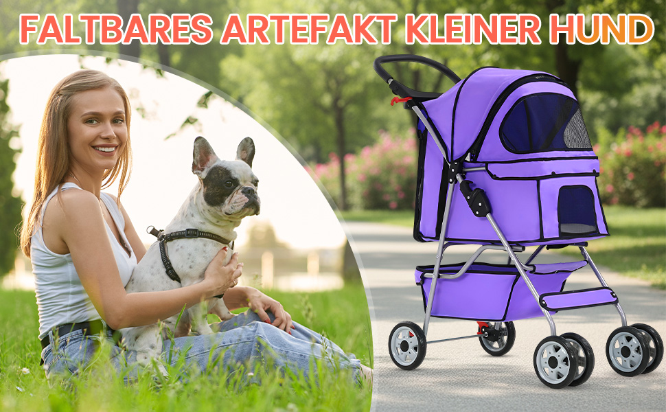 Візок для собак FDW, складний, для котів та собак, з обертовими колесами на 360°, з кошиком для зберігання, подушкою та сітковими віконцями, тримачем для напоїв, до 15 кг, фіолетовий