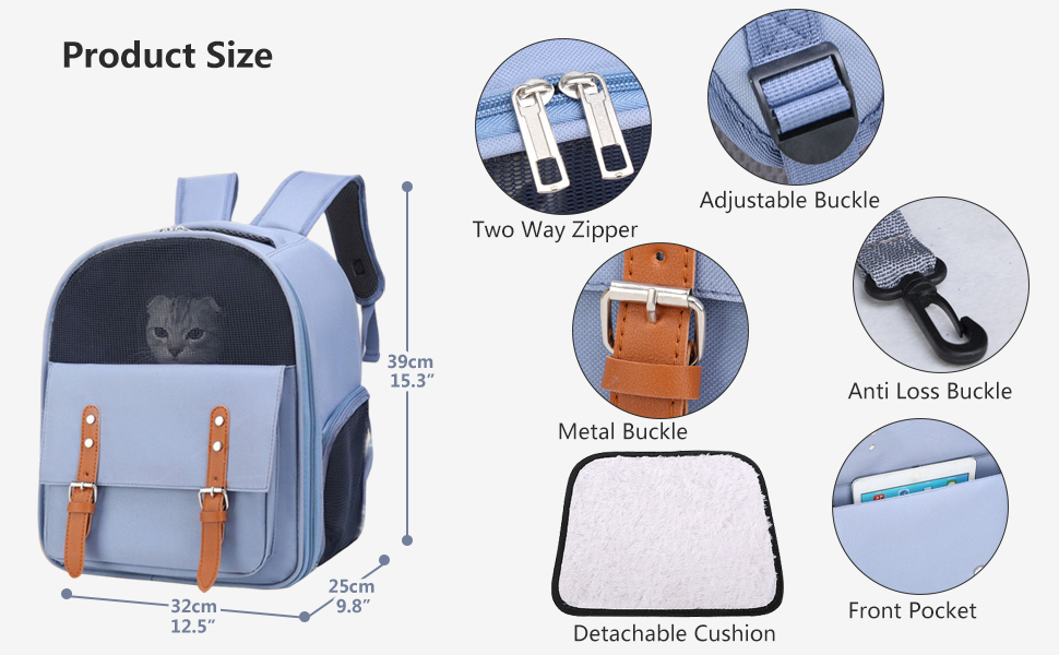Рюкзак для собак та котів PETCUTE до 8 кг, з внутрішньою страхувальною лінією, дихаючий, з вікном, знімний килимок, блакитний