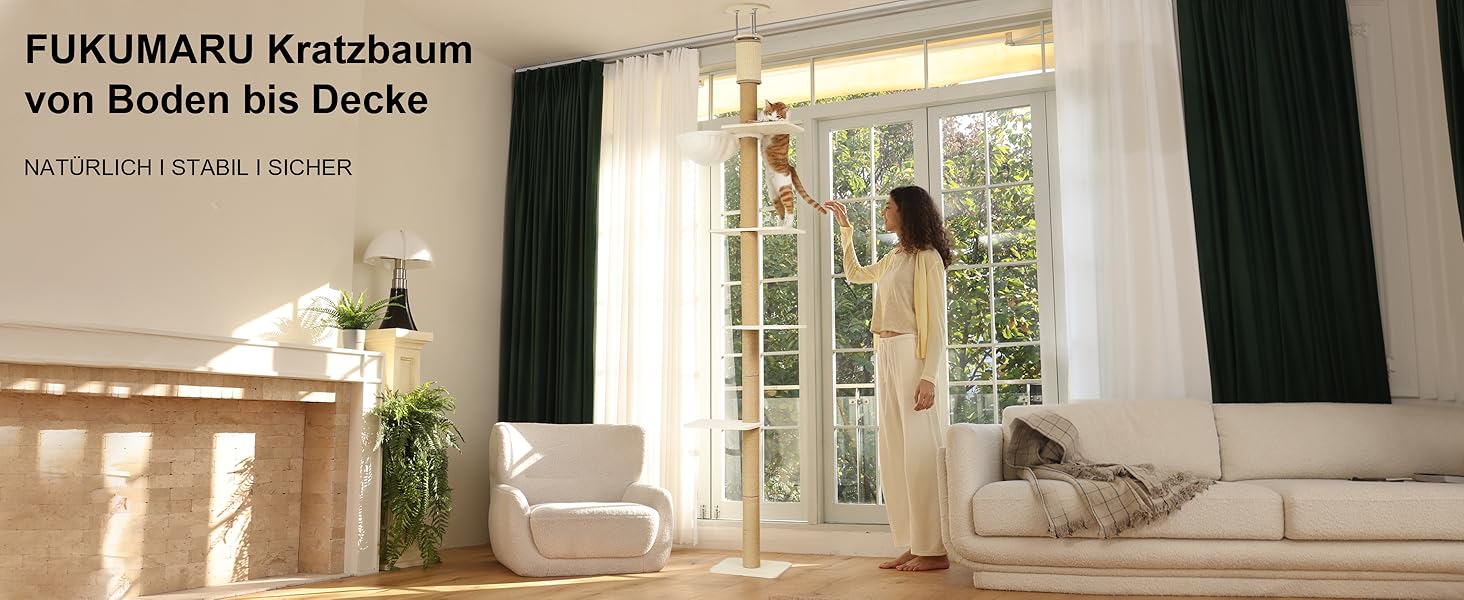 Драбина-кіготь для котів FUKUMARU, 4 яруси, до стелі (251-274см), кріпиться до стіни, з джутової тканини та зручною гамаком, бежева