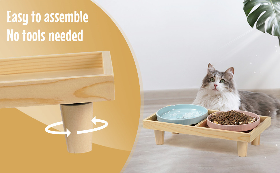 Миска для котів плоска керамічна з дерев'яною підставкою, піднята станція для годування з 2 керамічними мисками, миска для котів, діаметр миски 16 см для їжі та води, рожева & блакитна, блакитно-рожева