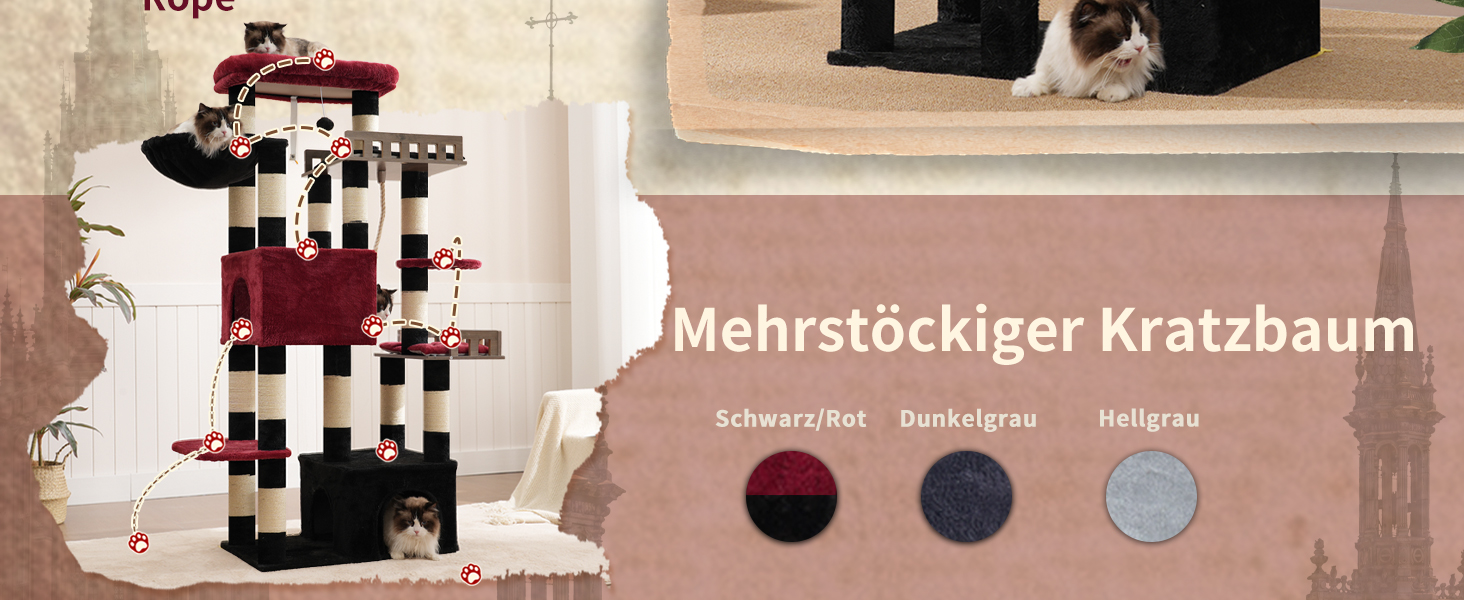 Котячий будиночок Kratzbaum: великий, з гамаком, 2 печери, 15 стовпчиків для дряпання (174см, чорний та червоний)