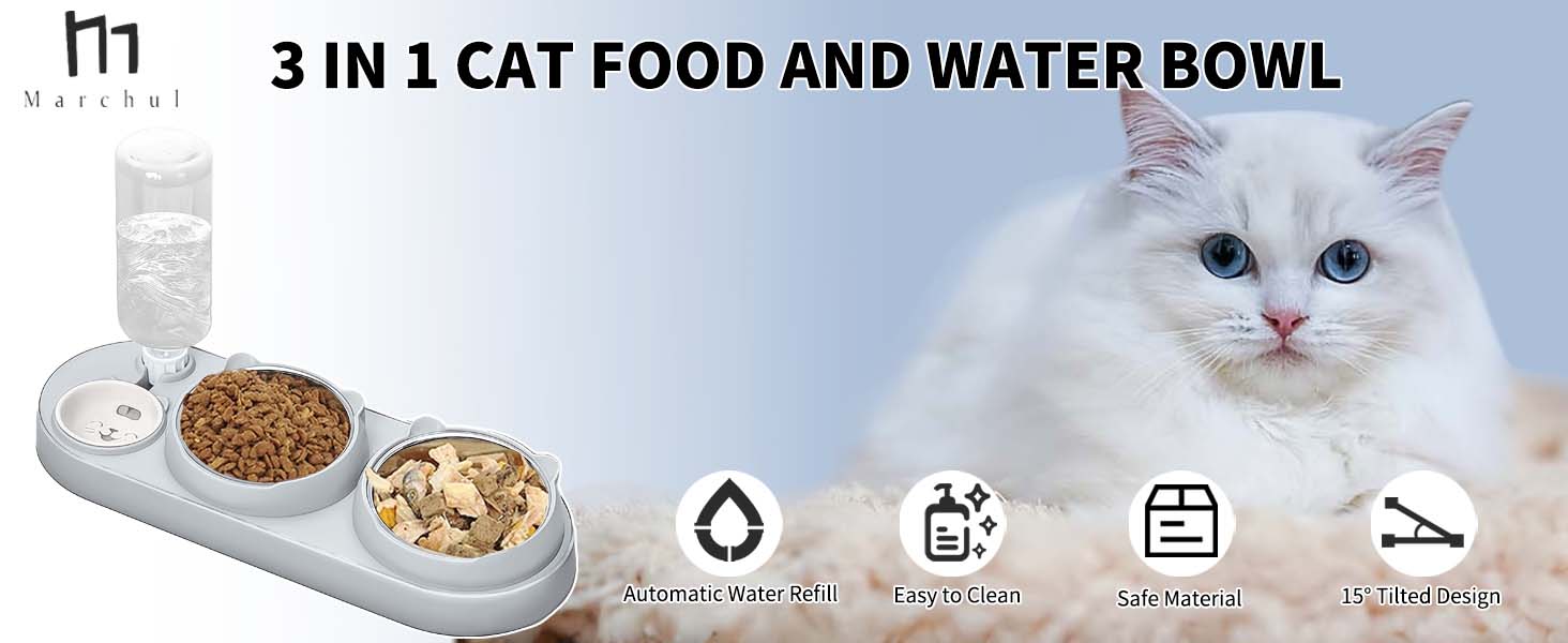 Набір мисок для котів Marchul 3 в 1: годівниця, поїлка з дозатором, миски з нержавіючої сталі, нахил 15°, для котів та собак маленьких та середніх порід (сірий)