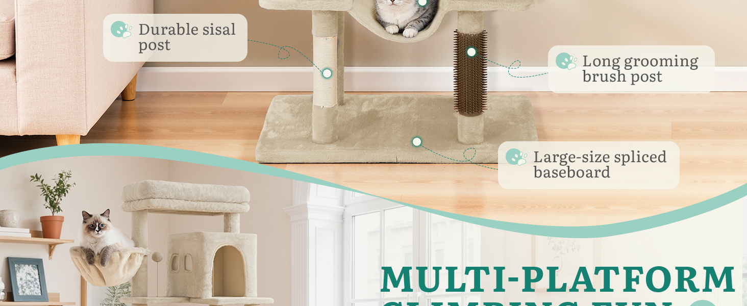 Драбина для котів YITAHOME - кігтеточка, будиночок, велика платформа, товсті стовпи (11 см), м'яке ліжко, 50 x 50 x 157 см (Бежевий)