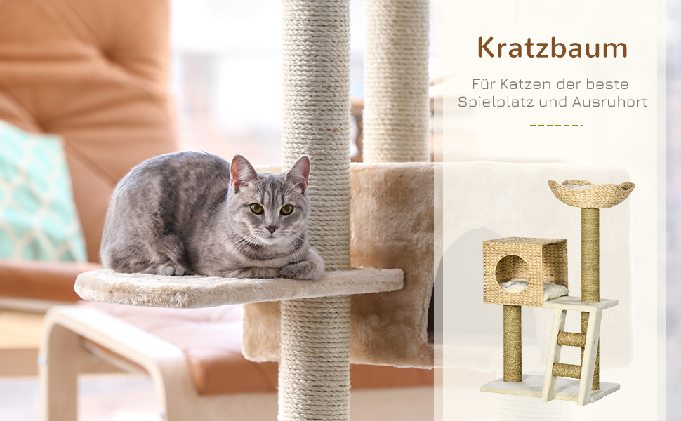 PawHut Когтеточка для котів 100,5 см з будиночком, лежаком, драбинкою, подушкою та сизалевими стовпчиками, для котів до 4,5 кг, натуральний колір