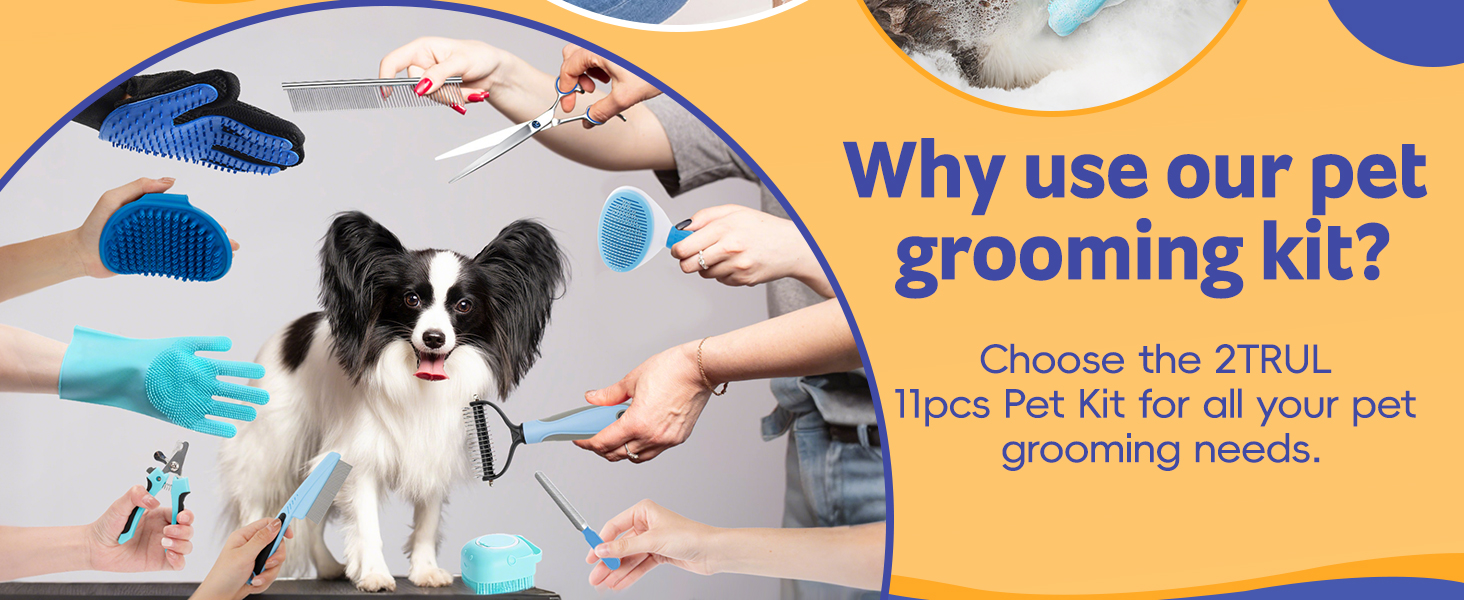 Набір для догляду за собаками та котами 13 предметів: триммер для кігтів, пилка, гребінець для видалення ковтунів, щітка для миття та скребок для шампуню, аксесуари для догляду за шерстю